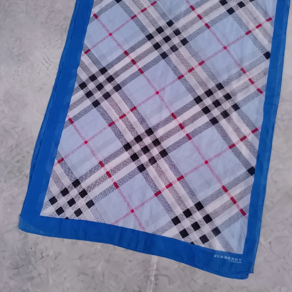 Vintage Burberry Check Handkerchief Scarf Blue Border 60x20 Classic Designer - Picture 4 of 10